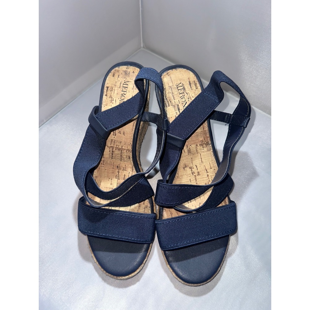 Merona Navy Blue Elastic Strappy Espadrille Wedge Sandals Womens 7.5 Platform‎